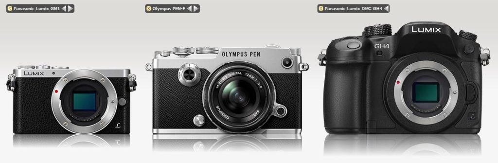 Three wildly different Micro Four Thirds cameras. Source: Screenshot from camerasize.com