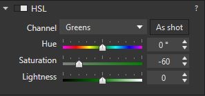 HSL tab in DxO Optics Pro 10, showing Green colors set to -60 saturation