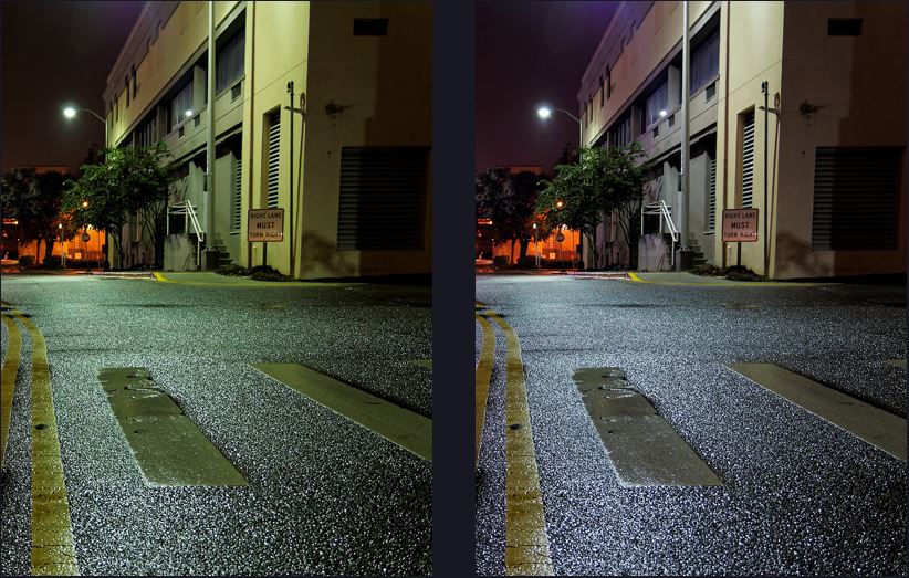 Image in mercury vapor lighting before and after editing white balance. Left (auto): 4876K/+19 tint, Right (altered): 45000K/+43 tint